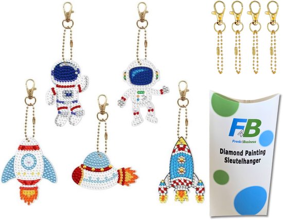 Porte-clés F4B Space Travel Peinture de diamants | Double face | 5 pièces | Espace | Raquette | Astronaute | Forfait adultes | Accessoires | Forfait complet