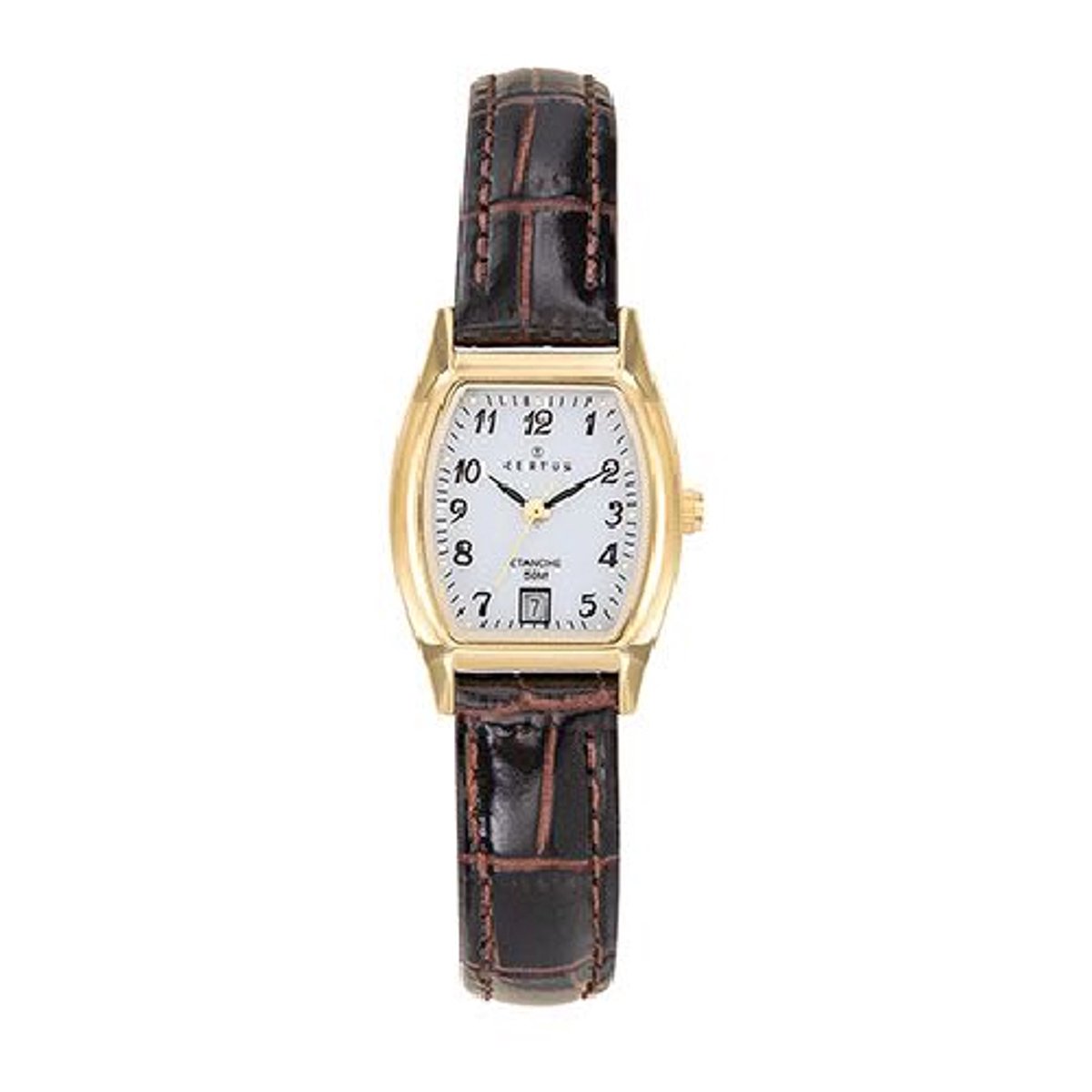 Certus-dameshorloge-model 646600-goudkleurig-datum-donkerbruin leder-5 atm waterdicht-duidelijke wijzerplaat-afmeting 28 x 21 mm-made in france