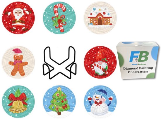 Set van 9 kerst diamond painting onderzetters met houder en verpakking. Santa, snoep, huis, rendier, sneeuwpop.