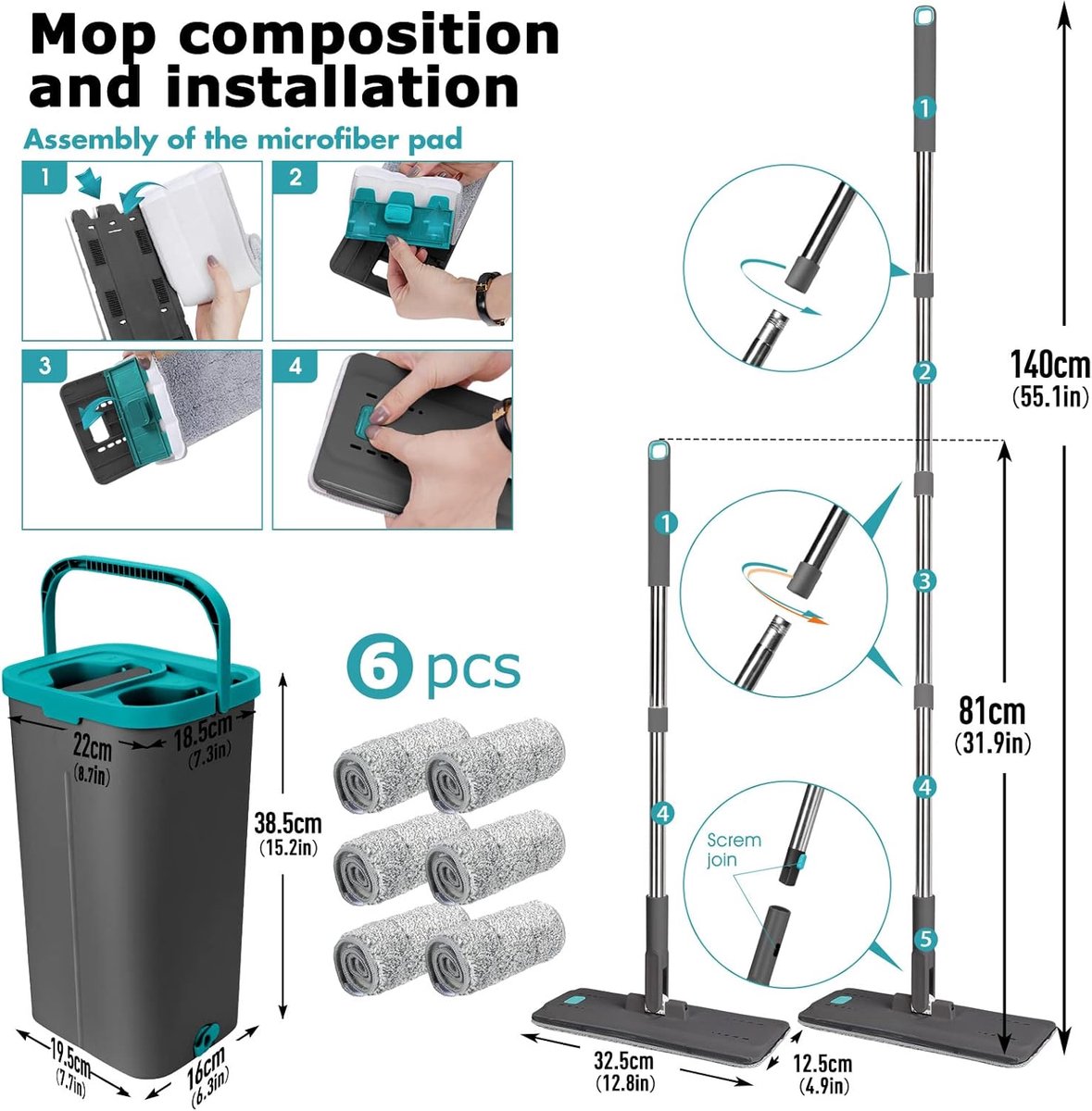 RFWR® Platte dweil- en emmerset met microvezel pads en roestvrijstalen handvat