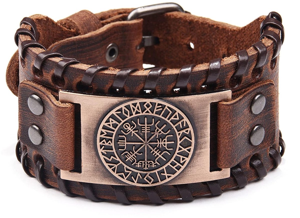 Bruine Vikingarmband - Verstelbare polsband - Keltische heidense sieraden - Leer