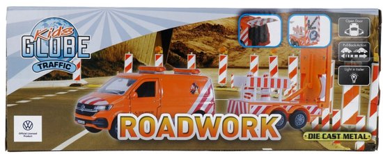 Oranje speelgoedbus met aanhanger en "ROADWORK"-opschrift op de verpakking.