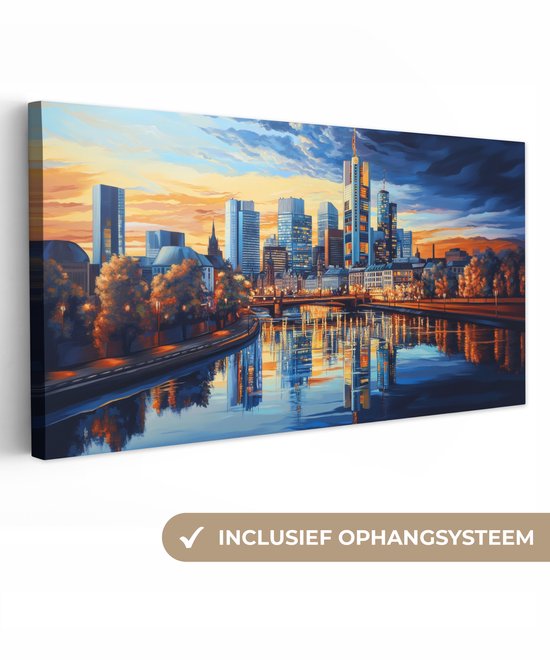 Canvas schilderij 80x40 cm - Exclusieve wanddecoratie Zonsondergang - Stad - Gebouwen - Water - Muurdecoratie woonkamer - Slaapkamer decoratie - Kamer accessoires - Schilderijen op canvas