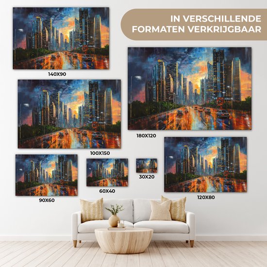 Tableau sur toile 140x90 cm - Décoration murale exclusive Voiture - Bâtiments - Soleil - Blauw - Décoration murale salon - Décoration chambre - Accessoires chambre - Peintures sur toile
