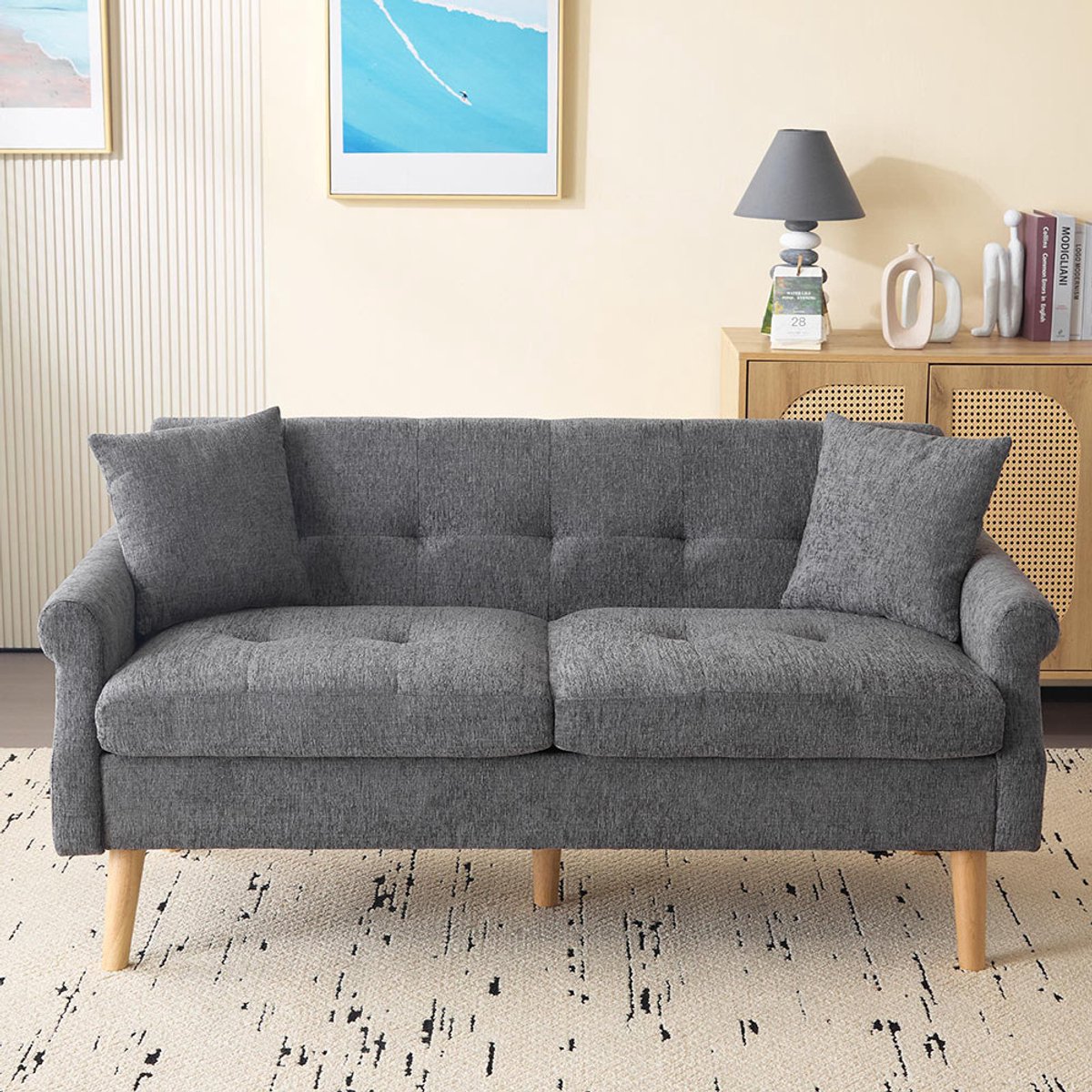 Pugsdrly Modern design, gestoffeerde meubels, chenille stof, tweezitsbank, gestoffeerde bank, bank met dikke kussens, geschikt voor de woonkamer, slaapkamer, appartement, enz.