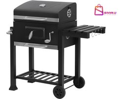 Grote Houtskool Barbecue met Deksel – Thermometer, 2 Grillroosters, Aslade & Zijtafel – BBQ met Wielen – 51772