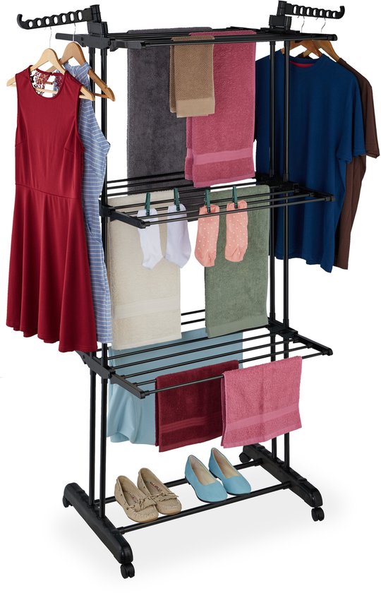 Tour de séchage à roulettes - 3 niveaux - 179 x 126 x 63,5 cm - métal - sur pied - noir