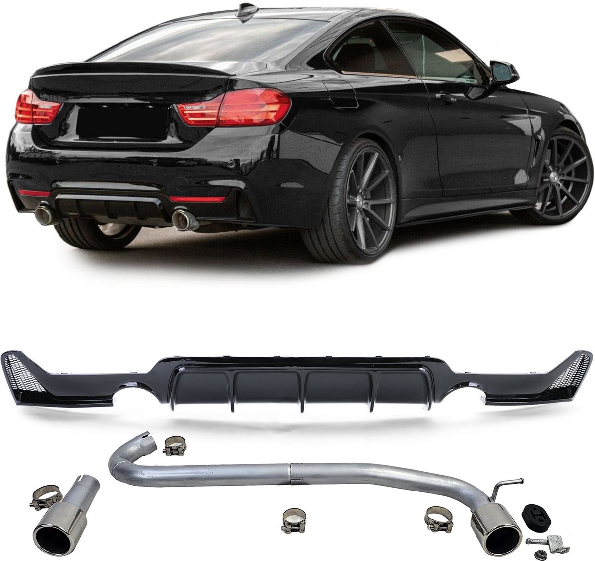 Sport Achterbumper Diffuser Glans Zwart + Sport Uitlaat Chrome Sierstuk Set M435 M440 Look Geschikt voor BMW 4 Serie F32 F33 F36 (425d, 428i, 430i)