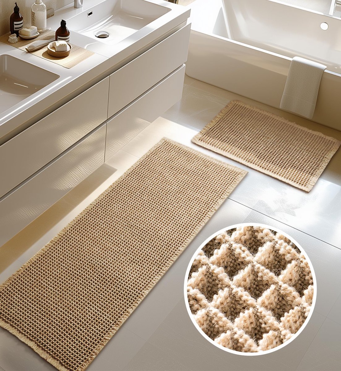 Grote badmatset, 2-delige badmatset, antislip badmat, boho badmat, wasbare douchemat voor woonkamer, slaapkamer, badkamer, badkamerdecoratie, 51 x 120 cm + 41 x 61 cm
