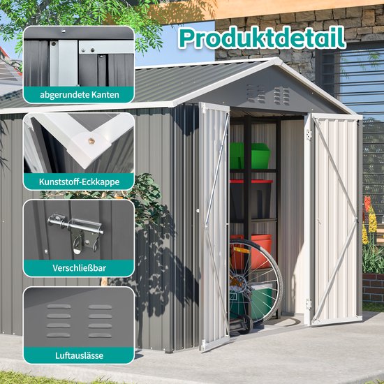 COSTWAY Tuinhuis van metaal, 182 x 129 x 197 cm, 3,25 m³, gereedschapsschuur met schuin dak en 2 schuifdeuren, afsluitbaar, tuinhuisje, tuinschuur, outdoor, donkergrijs
