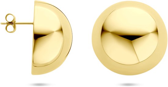 Gouden, bolvormige oorknopjes, één van opzij en één van voren gezien.