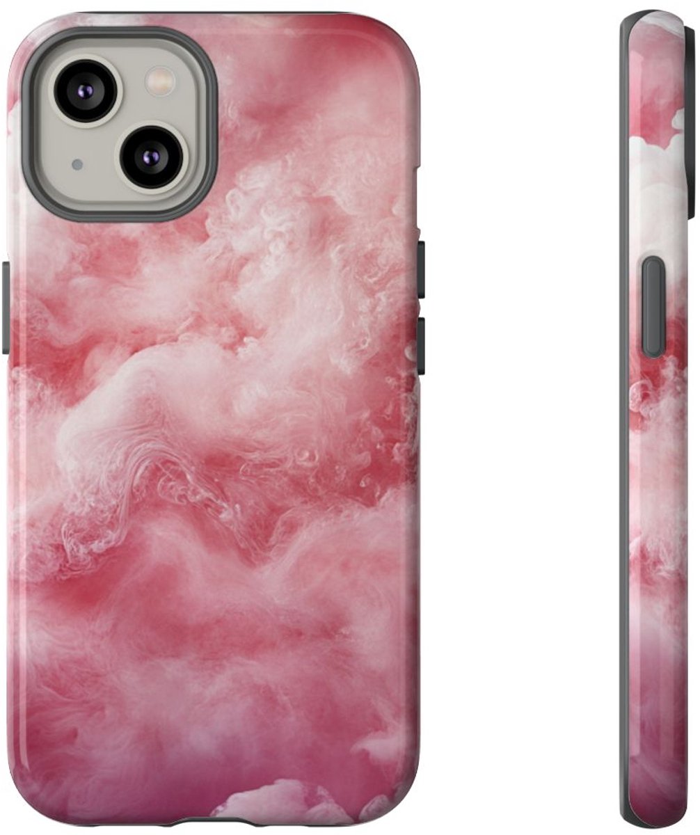Roze en Witte Wolkenstructuur – Glanzend Stevig Telefoonhoesje Geschikt voor iPhone 14