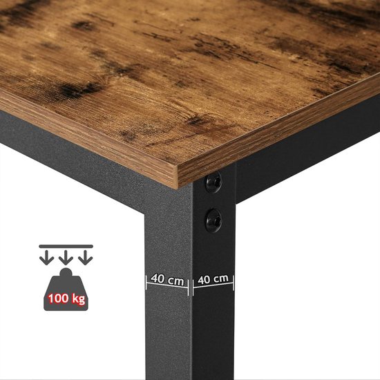 Close-up van een tafelblad met houten nerf en zwarte metalen poten. 100 kg draagvermogen.