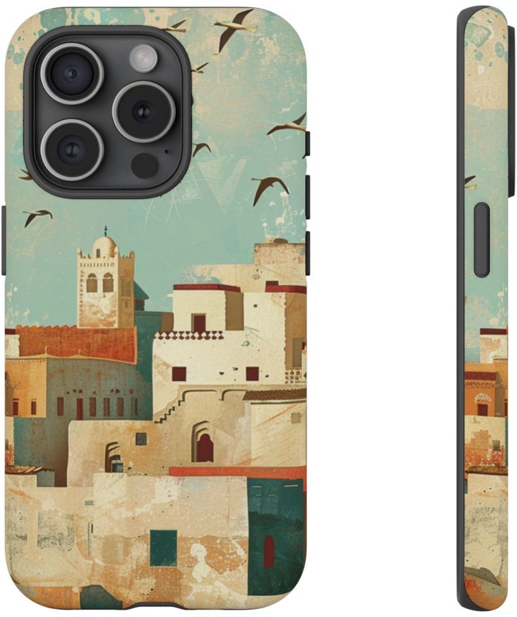 Illustratie van Marokkaanse Kustplaats – Mat Hoesje Geschikt voor iPhone 15 Pro