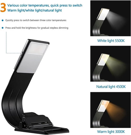 Leeslamp met boekklem, leeslamp met LED-hals, 3 kleuren, verstelbare helderheid, leeslamp voor boeken, opvouwbare leeslamp, flexibele arm voor lezen 's nachts/e-reader van Glocusent — afbeelding 4