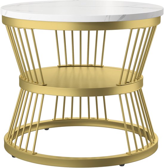 Table basse ronde (2 pièces), 70x45,5 cm, 45x40 cm, table avec plateau blanc et support de pied doré, ensemble de 2 tables basses rondes intégrées dans le côté du canapé (plateau blanc + pied doré)