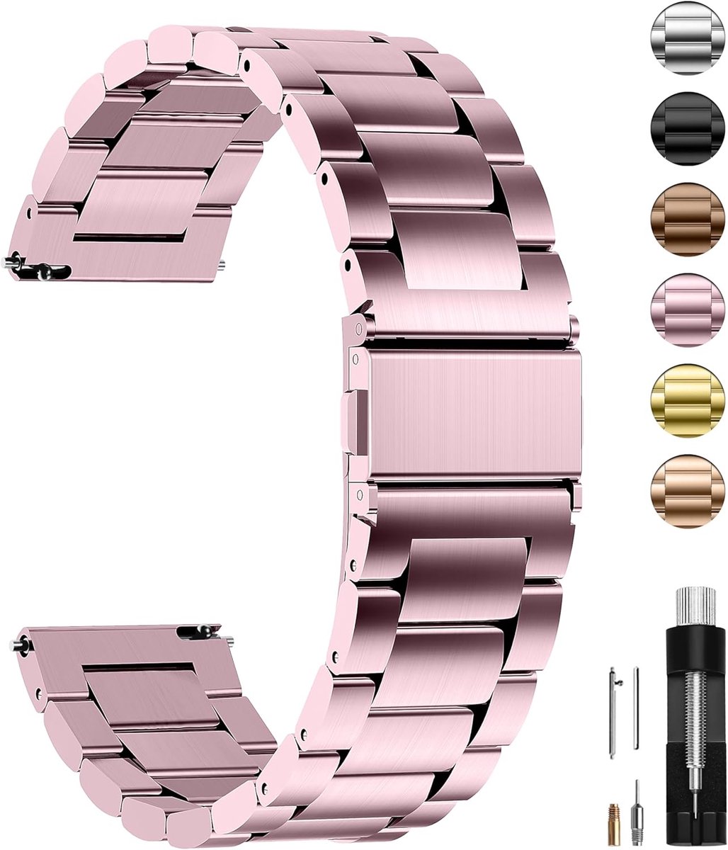 roestvrijstalen armband watch band metalen horlogebanden met snelsluiting geschikt voor dames en heren, 22mm Rose roze
