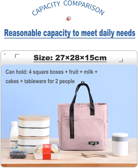 Roze lunchtas (27x28x15cm) gevuld met voedsel en drankjes, ideaal voor 2 personen.