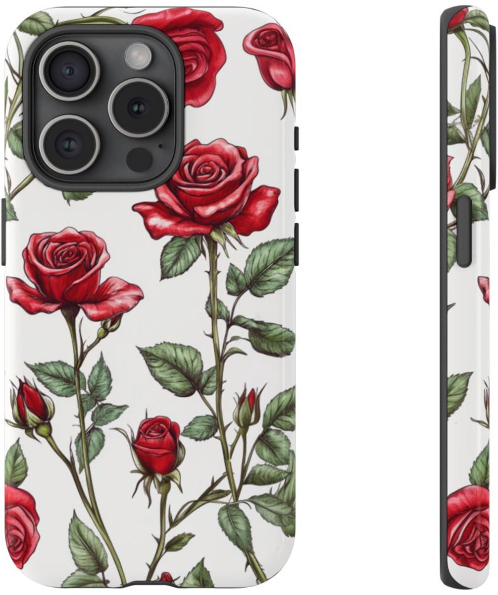 Rode Rozen Botanisch Patroon – Telefoonhoesje Geschikt voor iPhone 15 Pro
