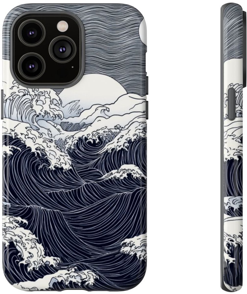 Monochrome Oceaangolven met Maan – Telefoonhoesje Geschikt voor iPhone 14 Pro Max