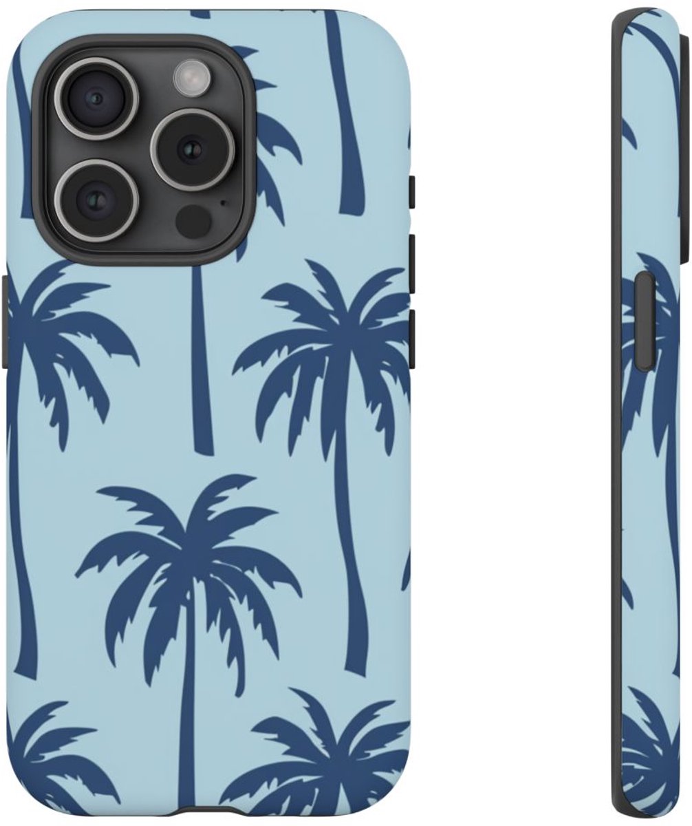 Blauw Palmbomenpatroon – Telefoonhoesje Geschikt voor iPhone 15 Pro