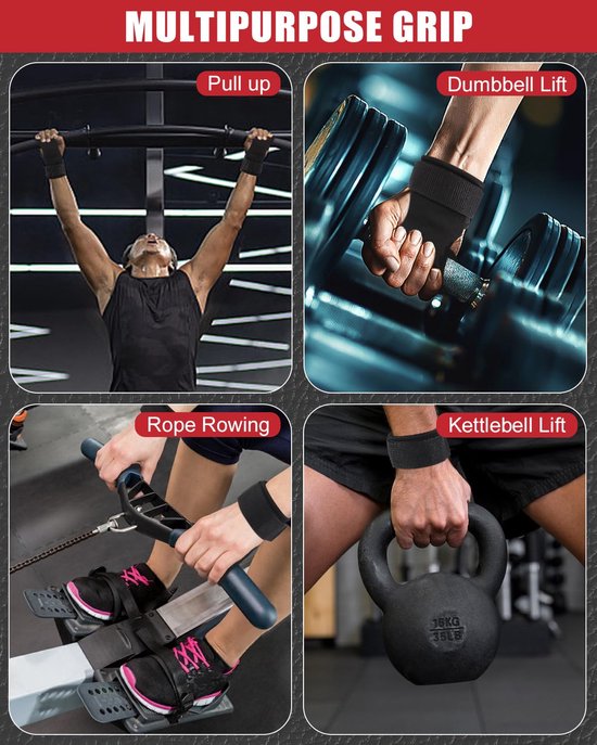 Meerdere sportafbeeldingen die de multifunctionele grip in gebruik laten zien: pull-up, dumbbell lift, rope rowing en kettlebell lift.