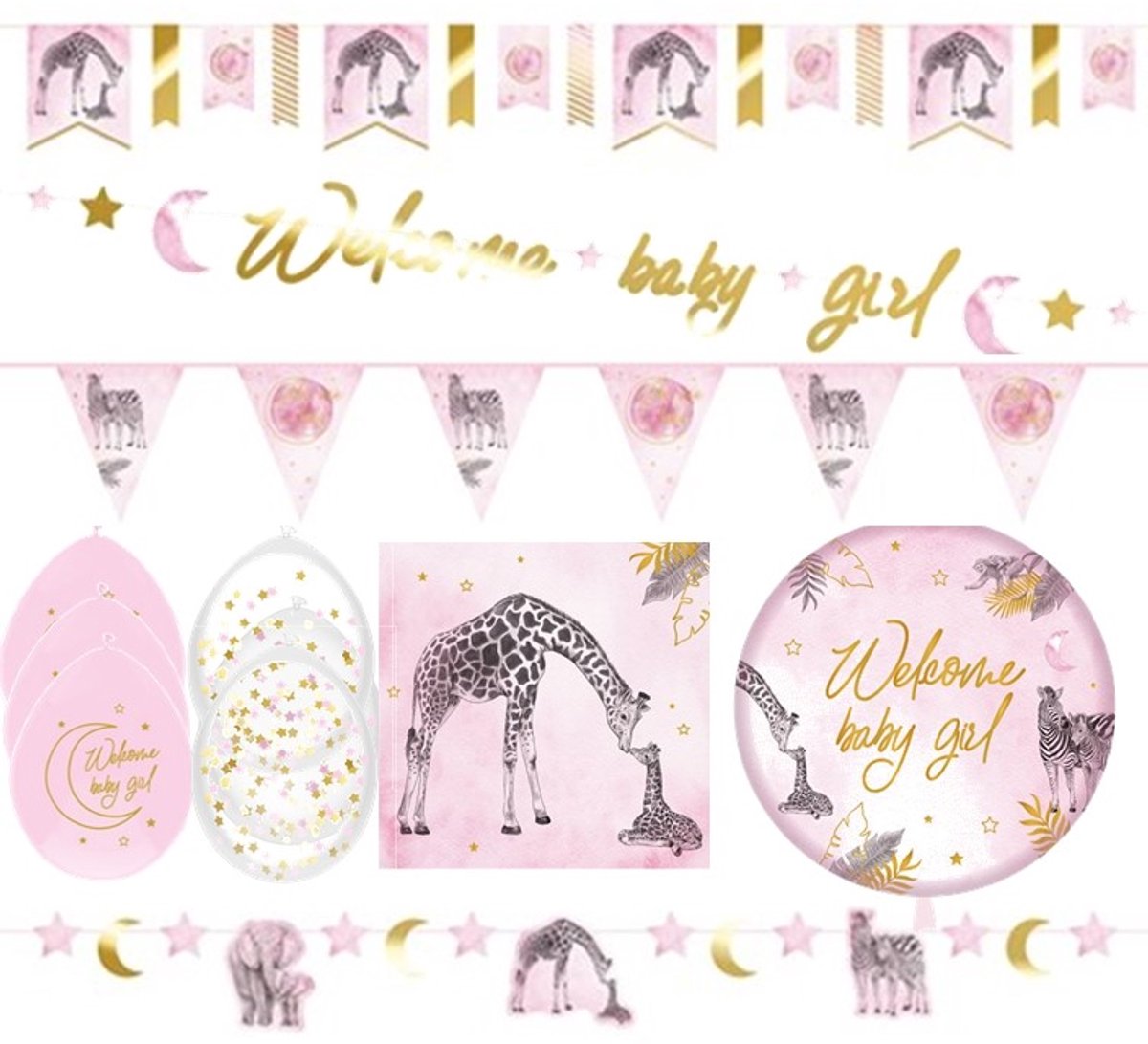 Feestversiering - baby - pink - roze babygirl SAFARI giraf - 7 delig.