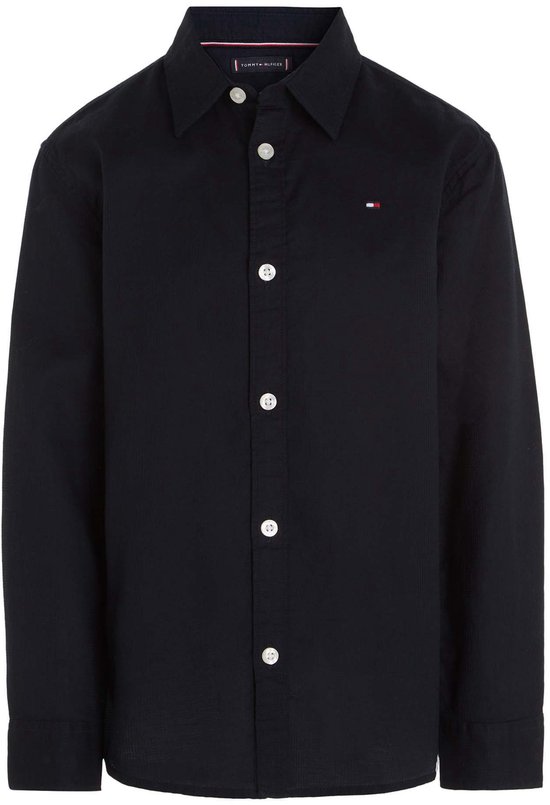 Donkerblauw Tommy Hilfiger corduroy overhemd met lange mouwen, witte knopen en een klein logo op de borst.
