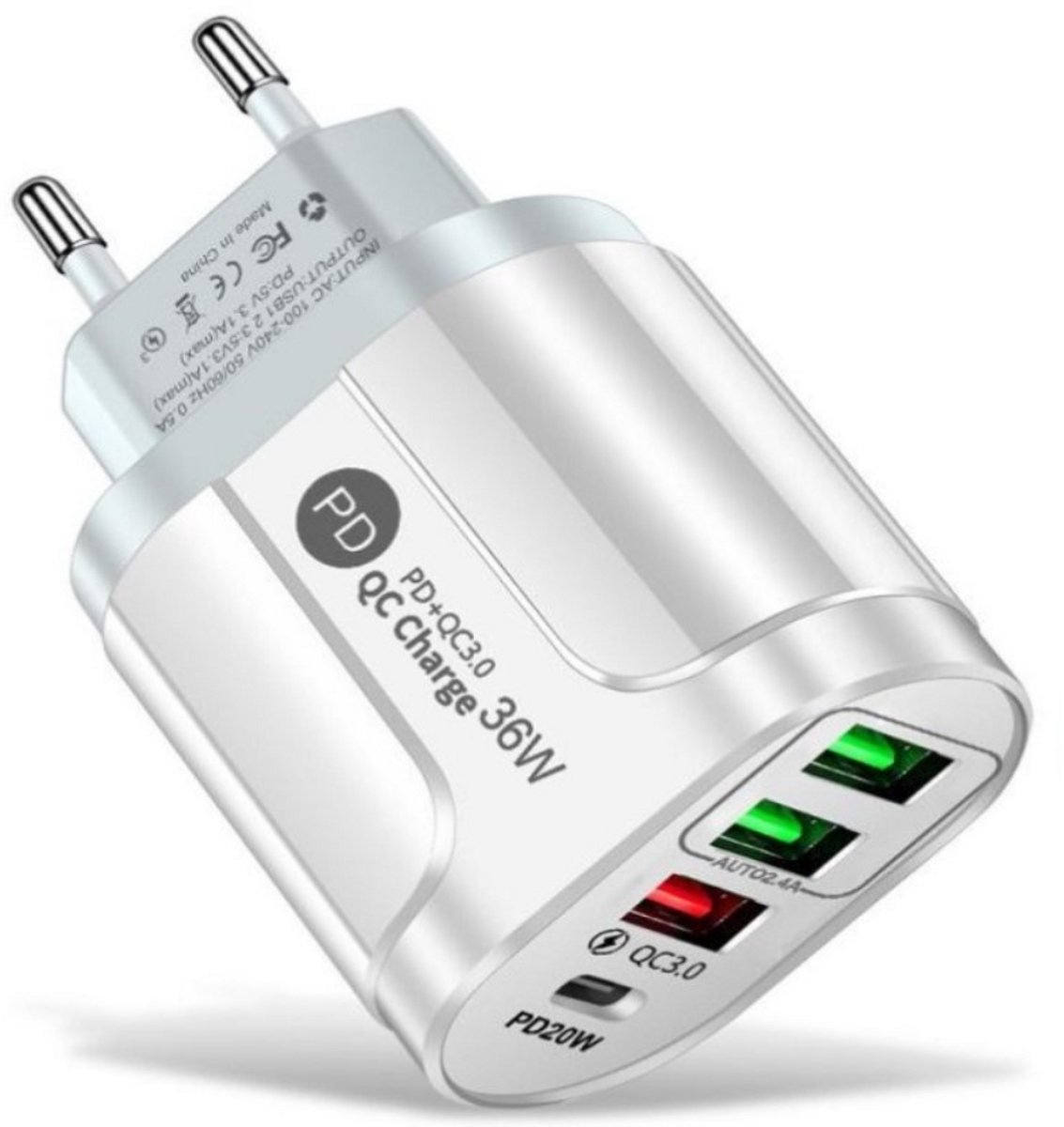 USB Adapter & USB C Adapter - 4 Multipoort - USB Stekker - Reisstekker - Oplader - Snelladen functie - USB-C Stekker - Wit - Wereldstekker - Type-C lader - 1x PD20W Usb-C, 1x USB QC3.0 & 2x USB 2.4 Poort