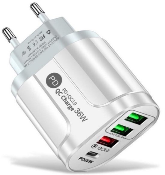USB Adapter & USB-C Adapter - 4 Multipoort - USB Stekker - Reisstekker - Snelladen functie - USB-C Stekker - Wit - Wereldstekker - Type-C lader - 1x PD20W Usb-C, 1x USB QC3.0 & 2x USB 2.4 Poort