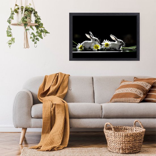 Schattige konijnen en bloemen - Konijnen schilderij op canvas - Kunstwerk bloemen - Hyperrealisme - Luxe canvas met baklijst - Muurdecoratie slaapkamer - canvas met baklijst 60x40 cm