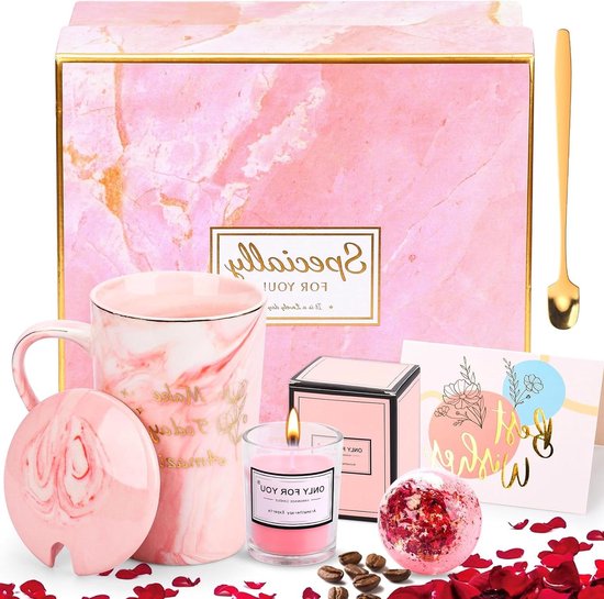 JGS Premium - Verwenpakket voor vrouwen verjaardagscadeau met geurkaarsen badzout keramische koffiemok theekopje met deksel cadeauverpakking cadeau-ideeën voor vrouwen voor Valentijnsdag