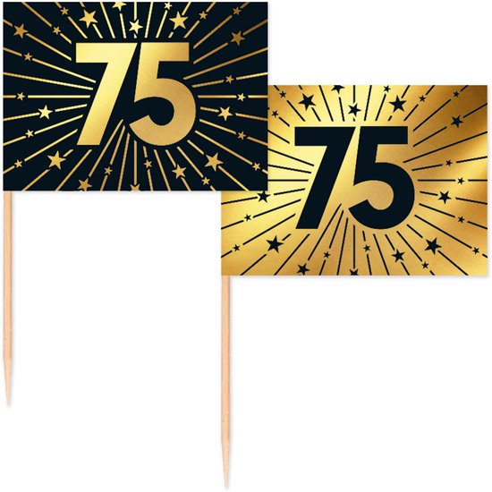 Twee vlagprikkers met "75" in goud, op een zwarte achtergrond met gouden sterren en stralen.