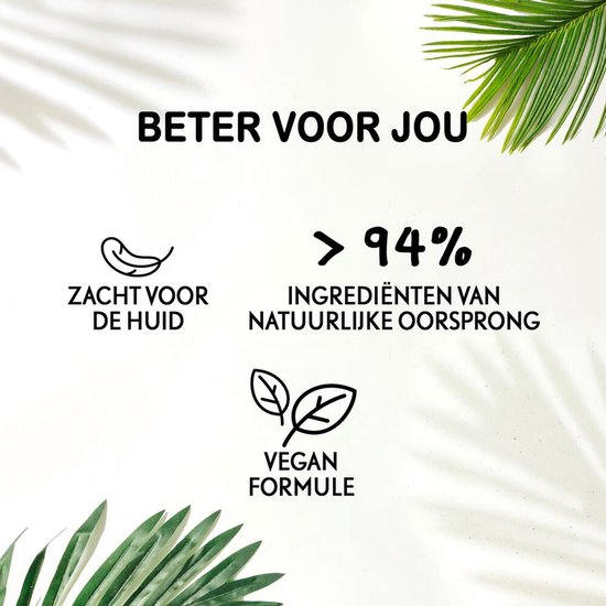 Tekst 'Beter voor jou' met iconen voor zacht voor de huid, >94% natuurlijke ingrediënten en vegan formule.