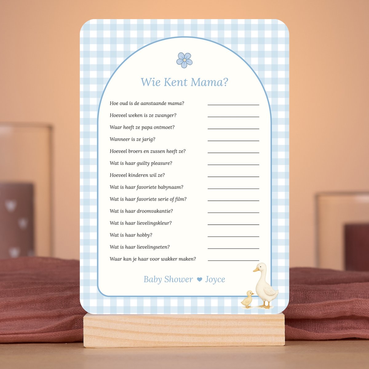 Gepersonaliseerde Babyshower invulkaarten - Wie kent Mama - Gingham Blauw met Gansje - 20 Stuks - Babyshower Cadeau