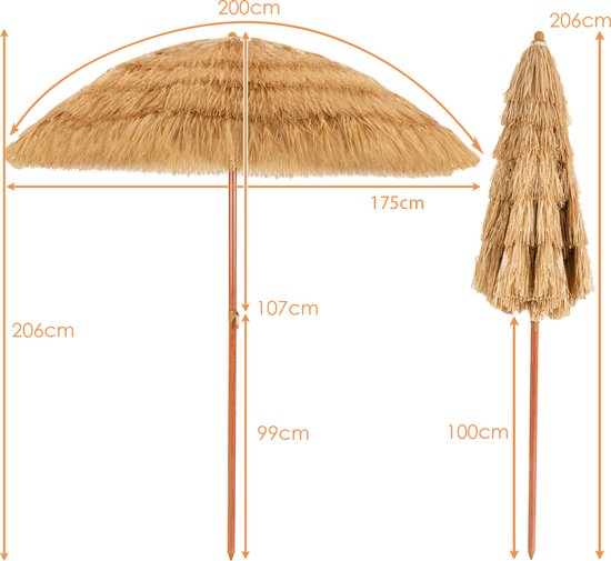 COSTWAY Ø 175 cm parasol, Hoogte 206 cm, Hawaï, strandscherm, reisstro, marktparasol, stroparasol, tuinparasol, kantelbaar, terrasparasol voor tuin, strand, outdoor