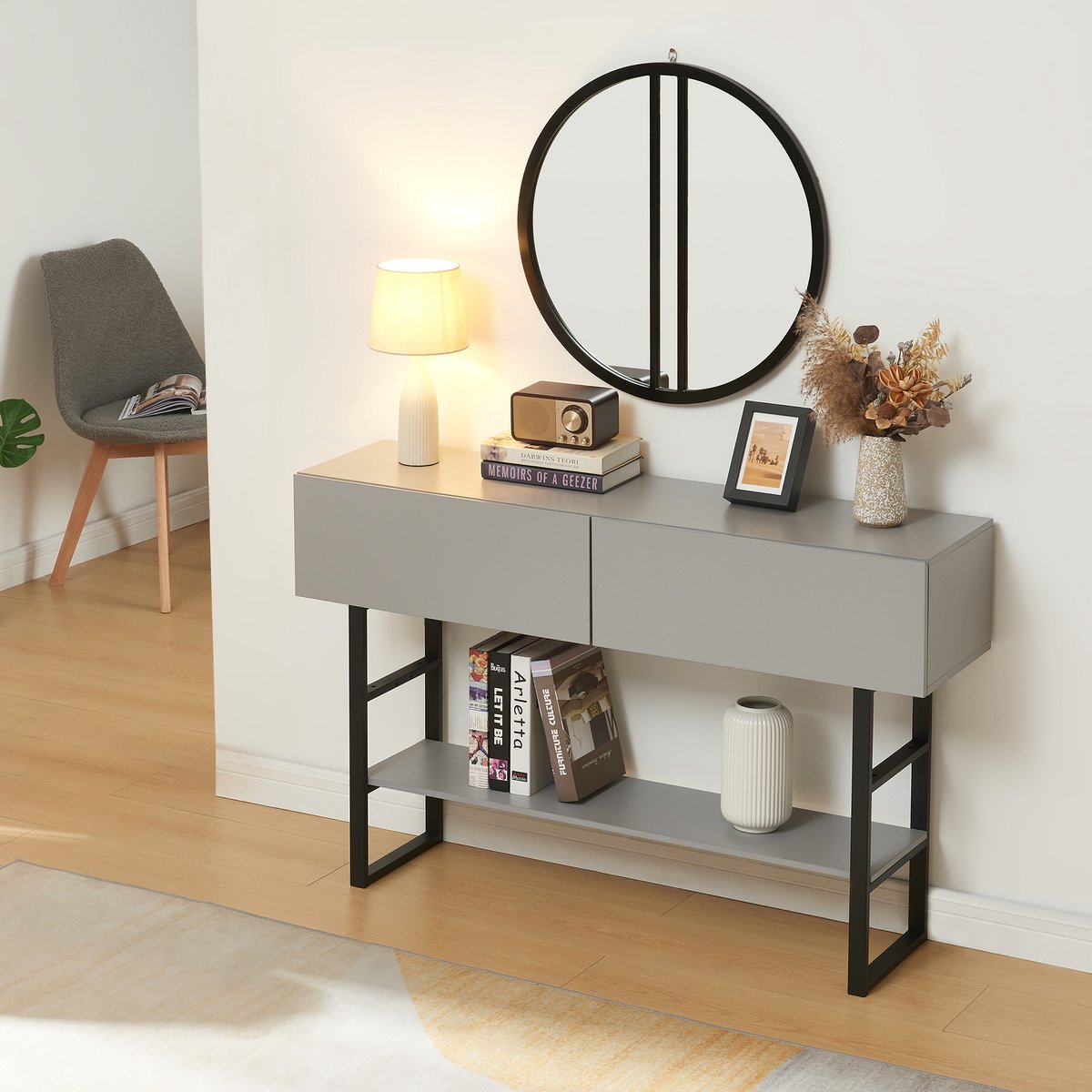 en.casa Consoletafel Varberg 120x30x75 cm lichtgrijs en zwart [en.casa]