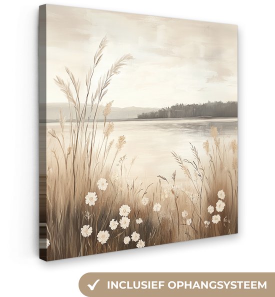 Canvas schilderij 20x20 cm - Exclusieve wanddecoratie Meer - Water - Natuur - Beige - Muurdecoratie woonkamer - Slaapkamer decoratie - Kamer accessoires - Schilderijen op canvas