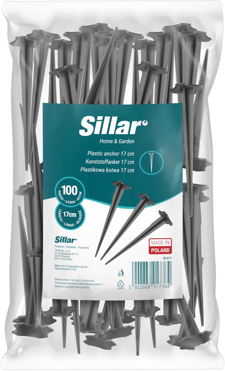 Sillar, grondankers, 17 cm, voor geotextiel, gaas, folie, UV-bestendig, stabiel en duurzaam, PP-kunststof, sterke tuinankers voor geotextiel, 100 stuks