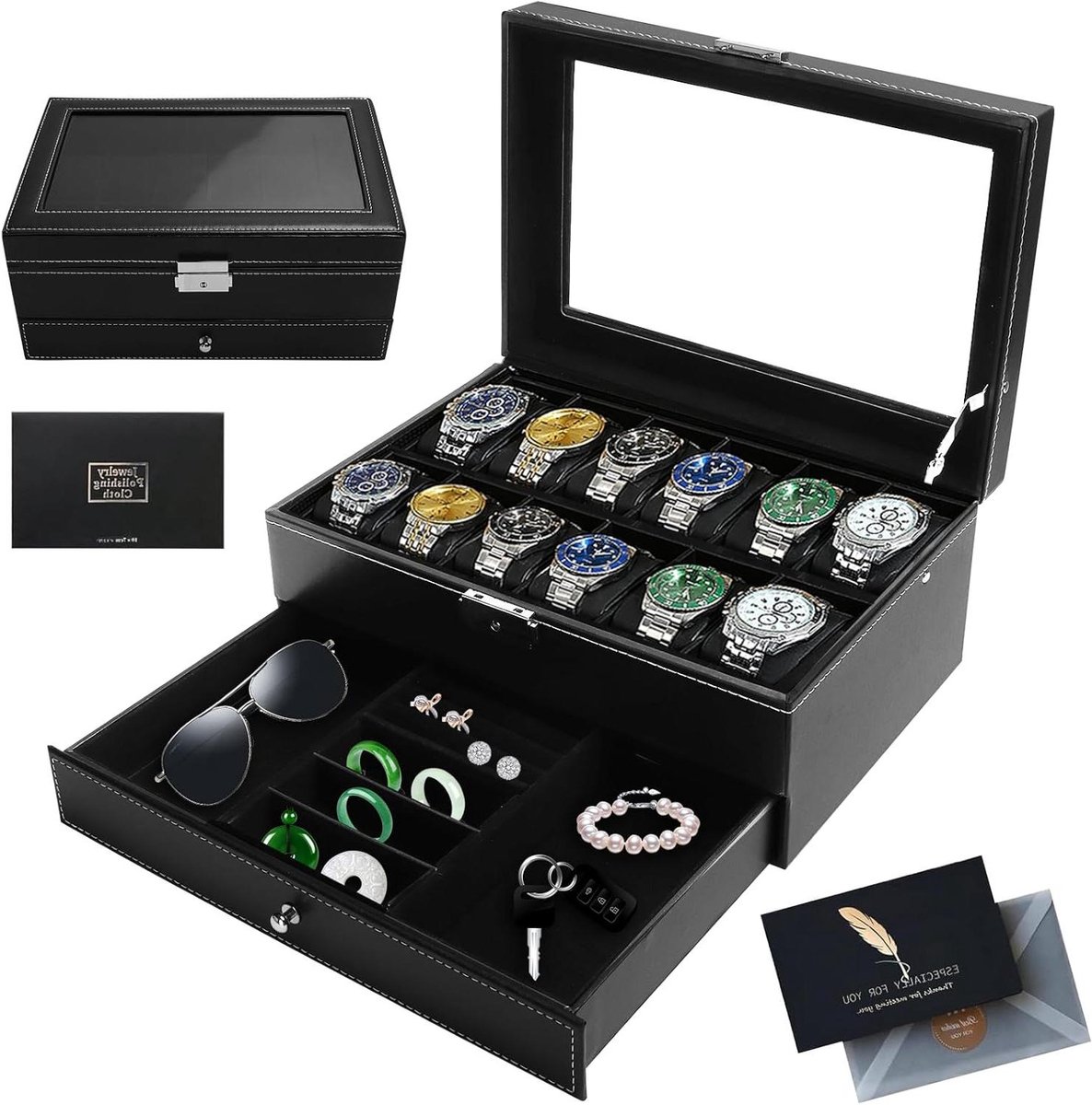 JGS Premium - 12 Slot Horlogebox met Glasdeksel Zwart PU Leer - Horlogekist met 2 Niveaus voor Heren - Horloge-opbergdoos voor Horloges en Ringen