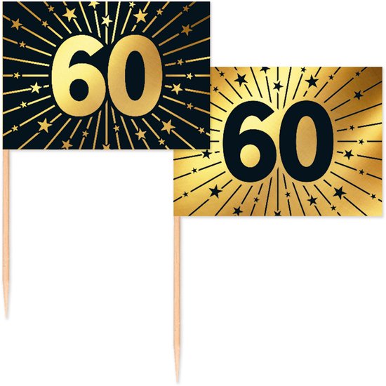 Twee feestvlaggetjes met "60" in goud op een zwarte achtergrond met gouden sterren.