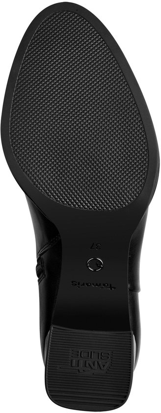 Semelle de botte noire Tamaris avec talon bloc et inscription 'ANTI SLIDE'.