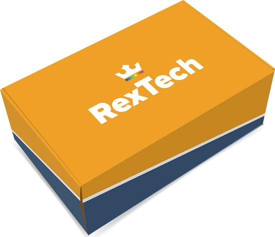 Oranje en blauwe RexTech doos met witte tekst en logo van een kroon.