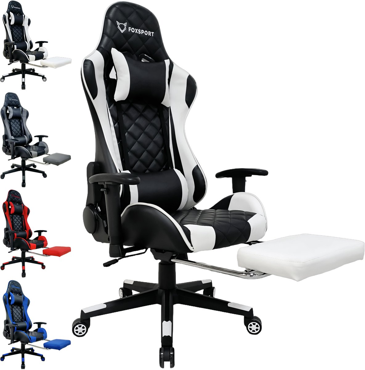 FOXSPORT Gaming Stoel - 180° Verstelbare Rugleuning - Game Stoel met inklapbare Voetsteun - Ergonomische Bureaustoel - racerstijl - Maximale Belastbaarheid 150kg - Wit