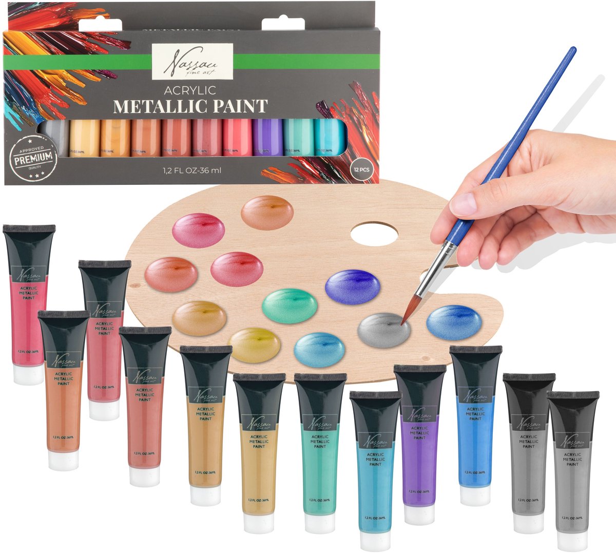 Nassau Fine Art Metallic Acrylverf Set - 12pcs 36ml Tubes – Hoogwaardige Metallic Verf voor Hobby – Dekking op Papier, Canvas, Hout, Steen en Meer — afbeelding 4