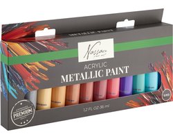 Nassau Fine Art Metallic Acrylverf Set - 12pcs 36ml Tubes – Hoogwaardige Metallic Verf voor Hobby – Dekking op Papier, Canvas, Hout, Steen en Meer