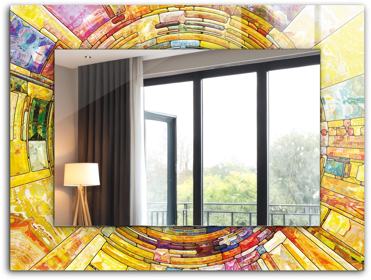 Tulup Spiegel - Spiegel op gehard Glas - Vierkante Spiegel - Kleurrijke abstracte mozaïek - 80 x 60 cm - Spiegel met decoratief motief - Slaapkamerspiegel - Badkamerspiegel - Gang - Kleedkamer - Scheerspiegel - Wanddecoratie Spiegel - Montageset