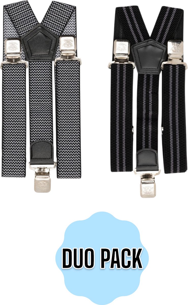 Duo Pack Bretels 3 clips - 2 stuks - Bretels - bretels heren volwassen Zwart - Wit - Grijs