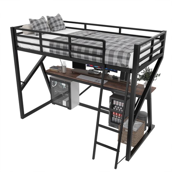 Lit mezzanine - 90 x 200 cm - avec éclairage LED- garde-corps - escalier - bureau - sans matelas - noir