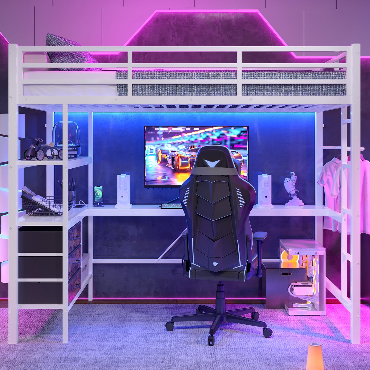 Merax Hoogslaper - 90x200 cm - met LED-verlichting - bureau - USB-aansluiting - 3 laden - planken - leuning - trap - zonder matras - wit